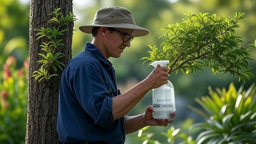  "Gardener treating an Australian bottle tree with leaf spot disease in a humid garden." 