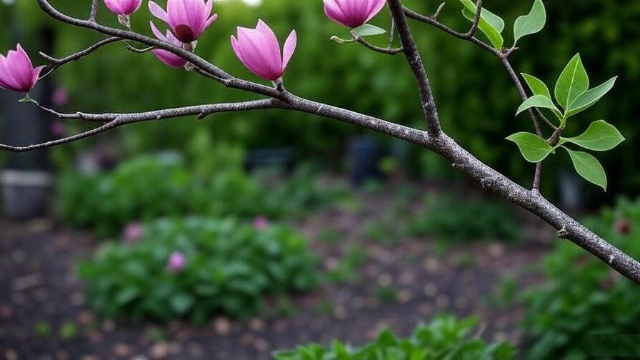 Pink tulip tree branch with powdery mildew next to a healthy branch". 
