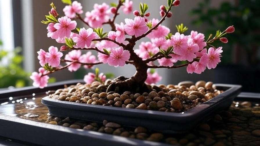  "Cherry blossom bonsai on a humidity tray with pink blooms" 