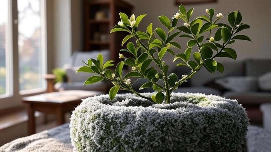 "Dwarf lime tree wrapped in frost blanket near a sunny indoor window." 