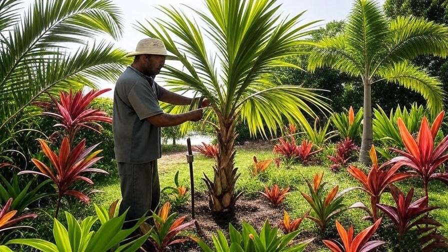  "Gardener pruning dead fronds of a foxtail palm tree with loppers in a tropical garden." 