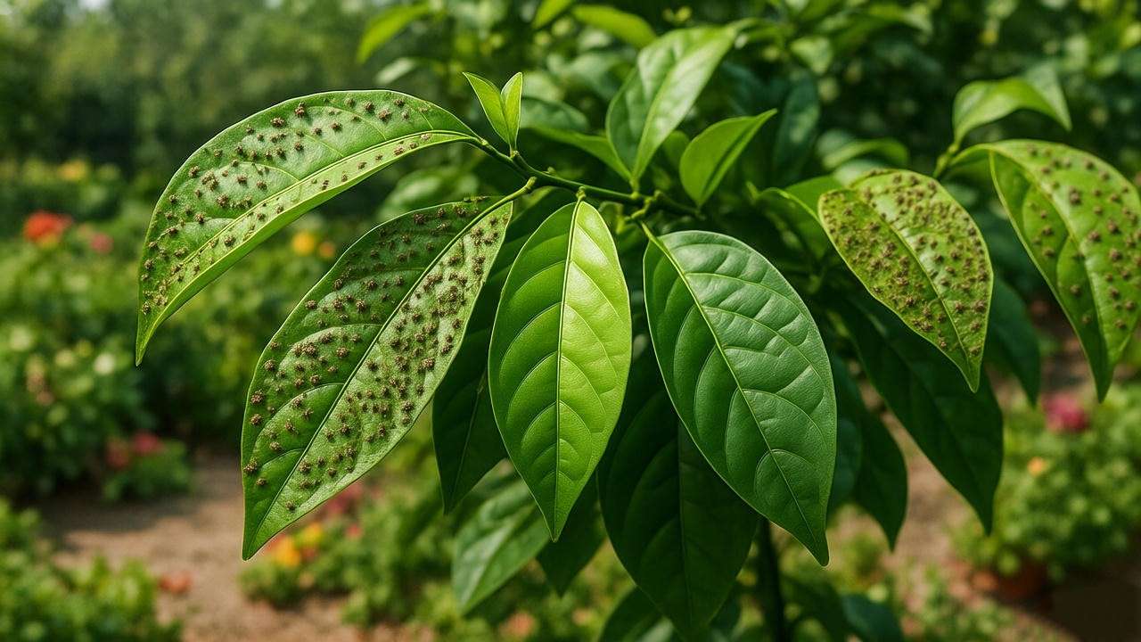 "Acerola cherry leaves with common pests like aphids and spider mites compared to a healthy leaf." 