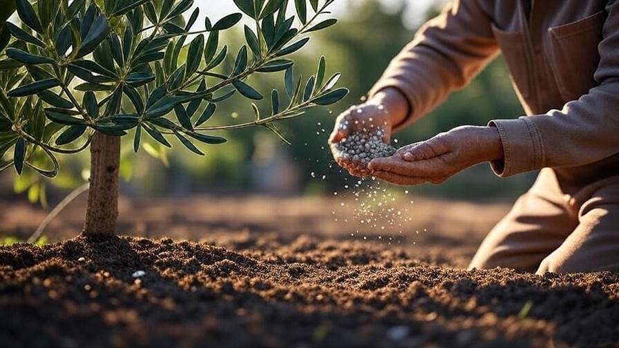  "Gardener applying fertilizer to a black olive tree in a sunny garden" 