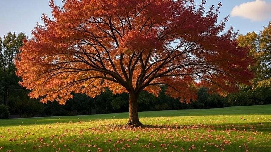 Mature curly maple tree with cabling support in a well-maintained lawn with fall foliage. 