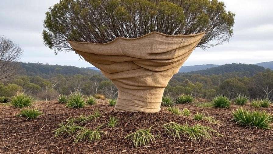 "Australian bottle tree wrapped with burlap for frost protection in a winter landscape.