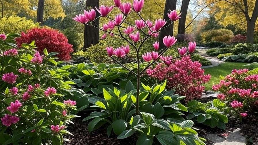 t: "Pink tulip tree with golden fall foliage and companion plants like azaleas". 