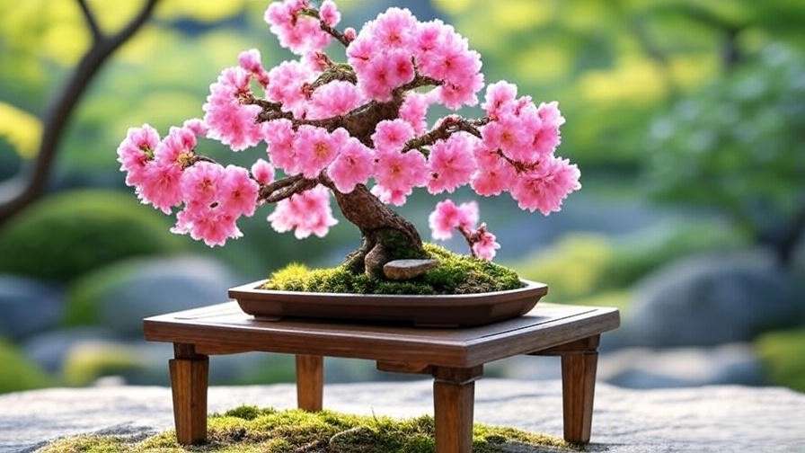  "Elegant display of a cherry blossom bonsai in a Japanese garden" 
