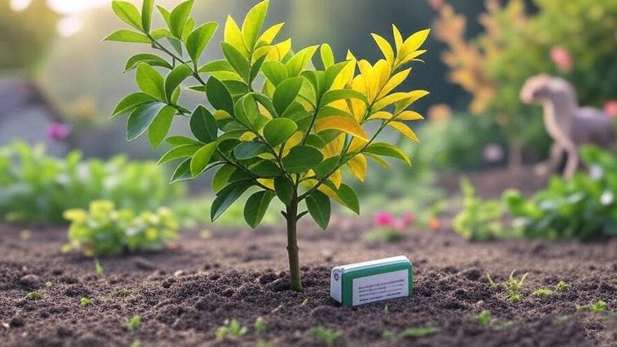 "Comparison of healthy and yellowing dwarf lime tree leaves with a soil test kit." 