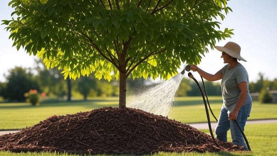  "Gardener mulching and watering a healthy tree in a yard for preventive care." 