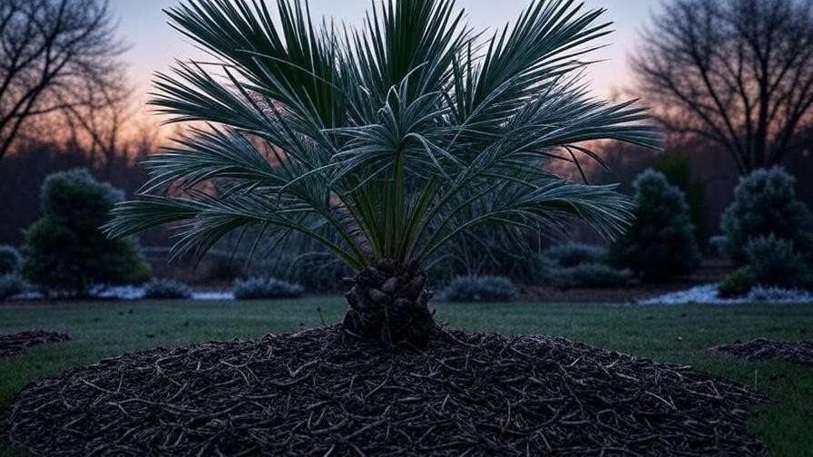 "Foxtail palm tree protected with frost cloth and mulch in a winter garden." 