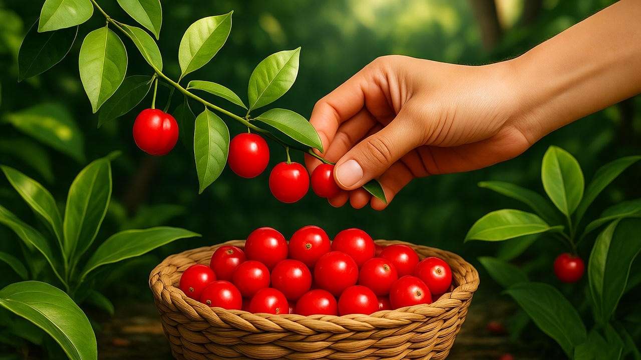  "Hand harvesting ripe acerola cherries with a basket of fresh cherries." 