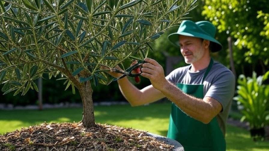 "Pruned black olive tree with gardener using shears in a tidy garden" 