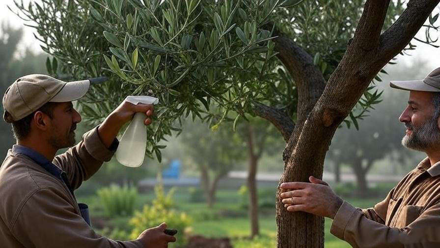  "Gardener treating pest-damaged black olive tree with neem oil in a garden" 