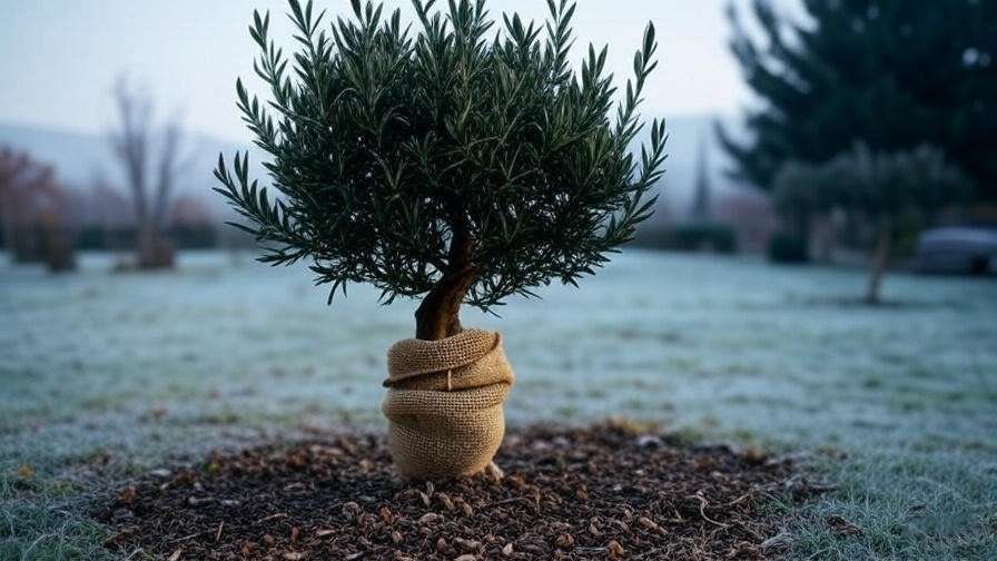  "Young black olive tree wrapped in burlap for winter protection in a garden" 