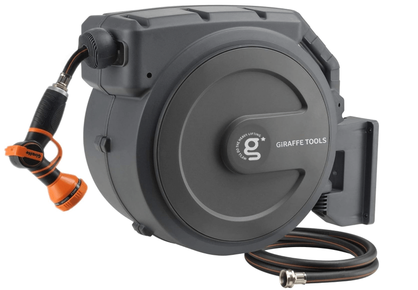 
Giraffe Tools Retractable Garden Hose Reel 1/2 Inch x 130 ft, Super Heavy Duty, Any Length Lock, Slow Return System, Wall Mounted and 180 Deg