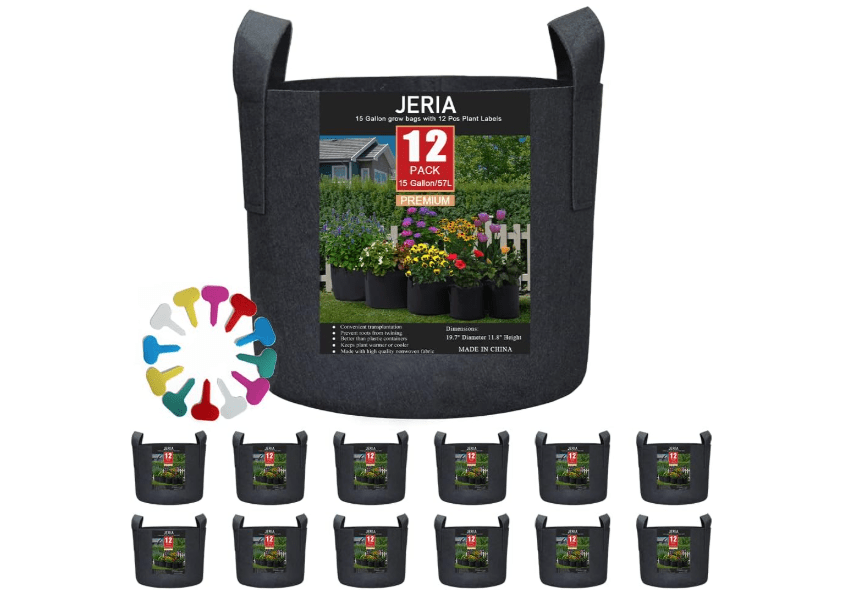 
JERIA 12-Pack 15 Gallon, Vegetable/Flower/Plant Grow Bags, Aeration Fabric Pots with Handles (Black), Come with 1