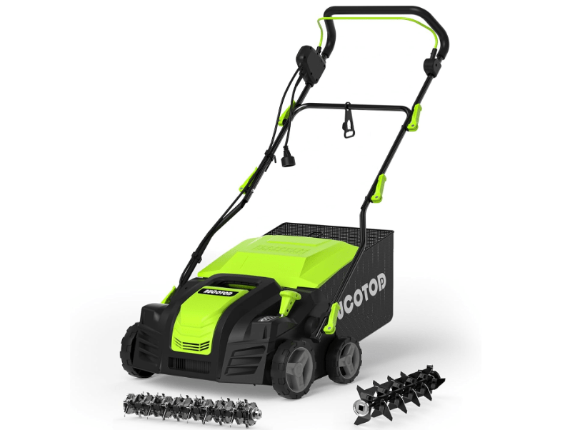 
2-in-1 16-Inch Dethatcher & Scarifier Electric Corded, 15 Amp Copper Motor, Electric Lawn Dethatcher with 5-Position Depth Adjustment, 14.5 gal Thatch