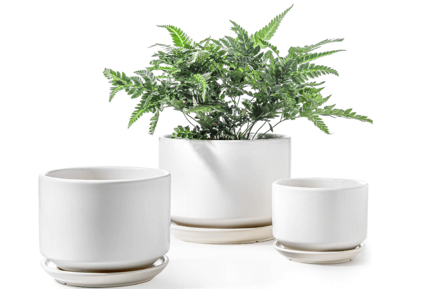 
LE TAUCI Ceramic Plant Pots, 4.3+5.3+6.8 inch, Set of 3, Planters with Drainage Hole and Saucer, Indoor Flower Pot with Hole Mesh Pad, Gifts for Mom, White