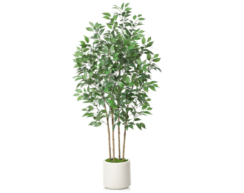 
SOGUYI Ficus Artificial Tree 6ft Fake Silk Plant for Home Decor Indoor, Faux Floor Tree in White Imitation Ceramic Planter with Green Fake Moss for Home