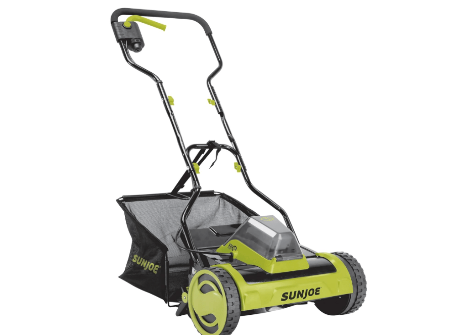 Sun Joe Cordless Push Reel Lawn Mower, 15” Yard Trimmer w/ 11.9-Gal Bag, 24V, Black/Green - Heavy-Duty Gardening Machine and Equipment for Grass, Backyard