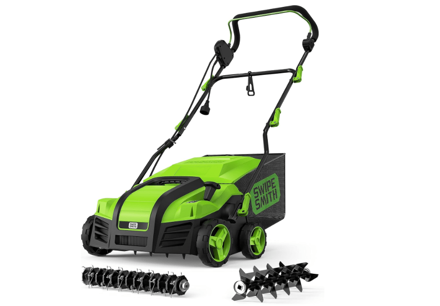 
SWIPESMITH Electric Dethatcher Scarifier, 16-Inch 15 Amp Lawn Dethatcher (2025 Upgraded) with 5-Position Depth Adjustment, 14.5 Gal Removable