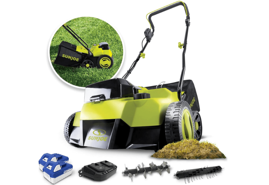 
Sun Joe 24V-X2-DTS15 Scarifier and Dethatcher Kit, 5-Depth Positions, 15-inch, Brushless Motor, w/ 2 x 24-V 4.0-Ah Batteries and Dual Port Charger
