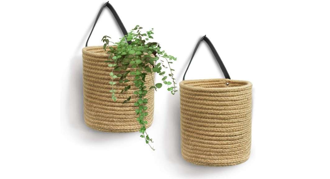  Goodpick 2pack Jute Hanging Basket - Small Woven Fern Hanging Rope Basket Flower Plants Wall Basket Decor Set Boho, 7.87 x 7 x 11.7 inches