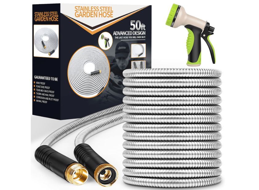  Garden Hose 50 ft, Stainless Steel Water Hose with 10 Function Nozzle Flexible, Heavy Duty, Lightweight, No-Kink, Pet Proof, Puncture Proof Hose Metal 
