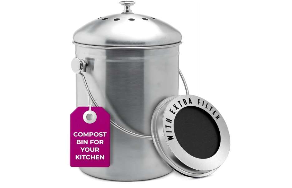  EPICA Countertop Compost Bin Kitchen | 1.3 Gallon | Odorless Composting Bin with Carbon Filters | Indoor Compost Bin with Lid | Stainless Steel Kitchen
