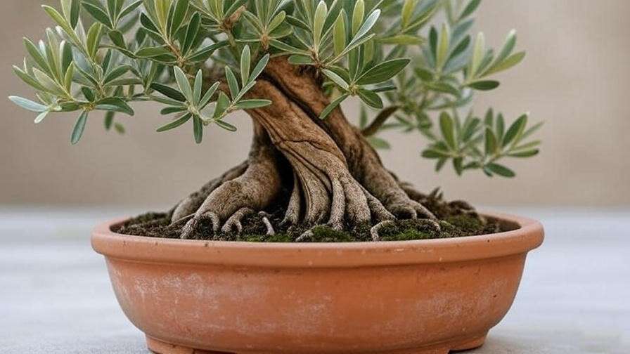 Close-up of olive tree bonsai with gnarled trunk and silvery leaves for beginner care guide.