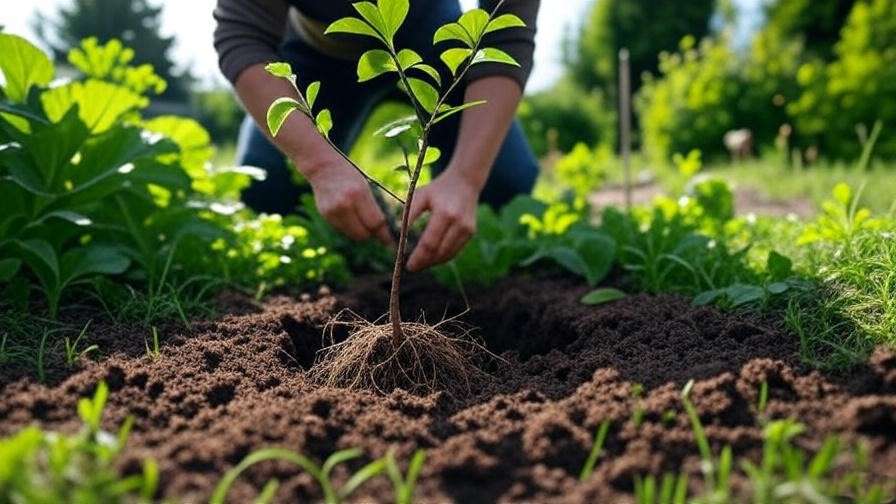  "Close-up of Chilean cherry tree planting with compost and sapling in a sunny garden." 