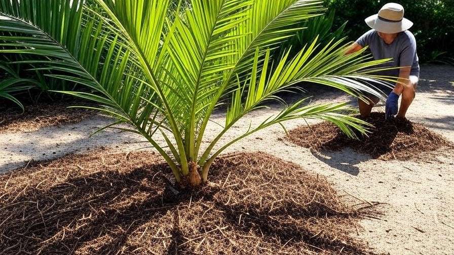 "Close-up of Sylvester palm tree planting with organic mulch in a tropical garden."