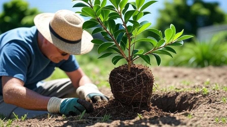  "Gardener planting an Eagleston Holly Tree with mulch and well-draining soil in a sunny garden."
