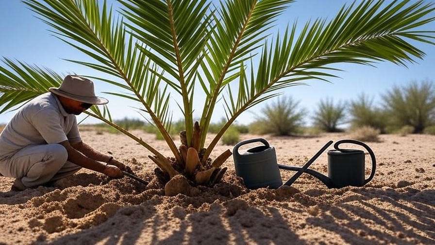 "Gardener planting a young Medjool palm tree in sandy soil with watering can and sunny desert background". 