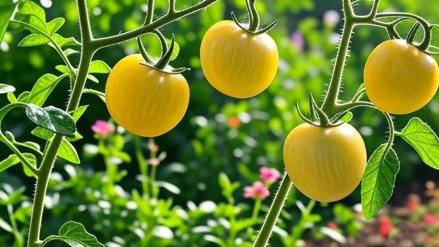 "Three yellow cherry tomato varieties (Sungold, Yellow Pear, Lemon Cherry) growing on plants in a sunny garden."