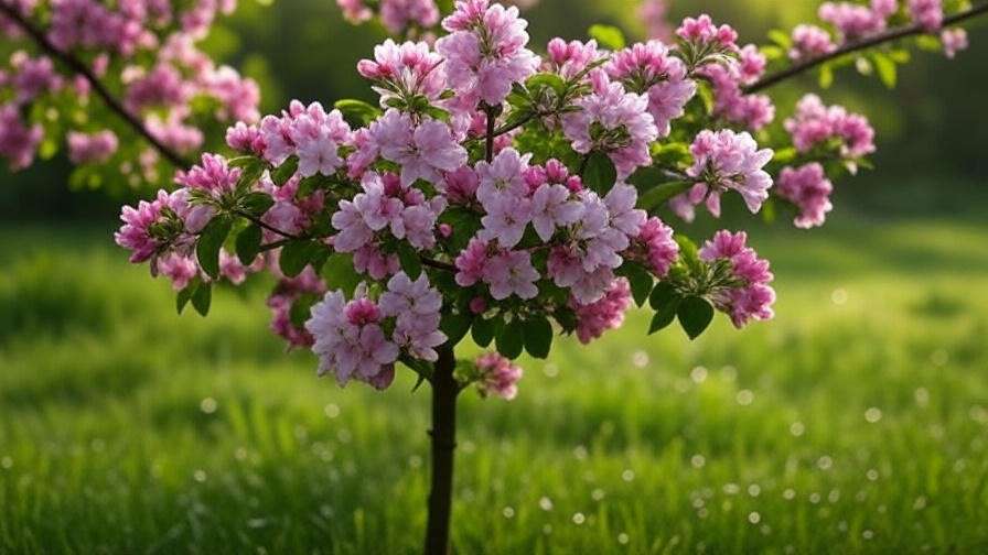  "Close-up of a flowering crabapple tree with pink and white blossoms in a lush garden."