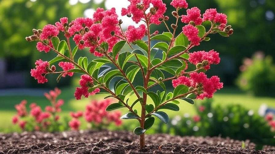 "Crape myrtle with red blooms and smooth bark in a sunny yard border." 