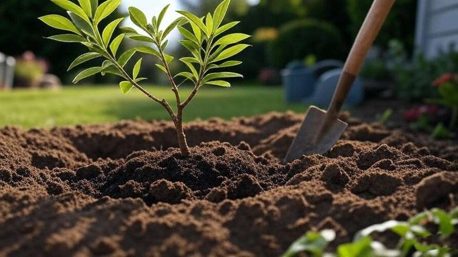 "Step-by-step planting of a small flowering tree with tools and mulch." 