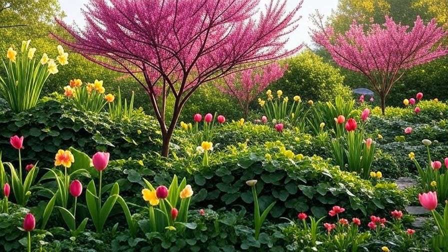 "Layered garden with a redbud tree, perennials, and groundcovers." 