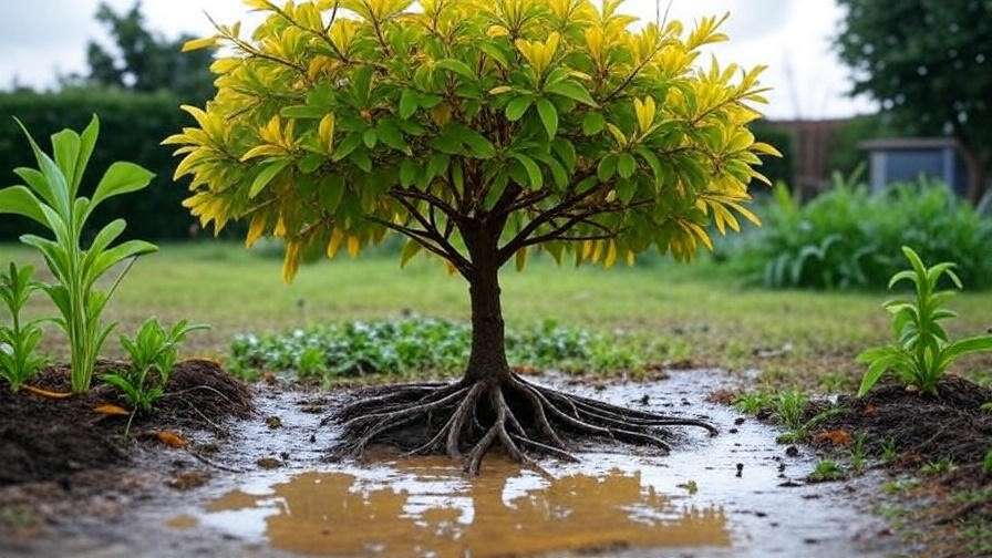 "Overwatered small flowering tree with waterlogged roots and yellowing leaves." 