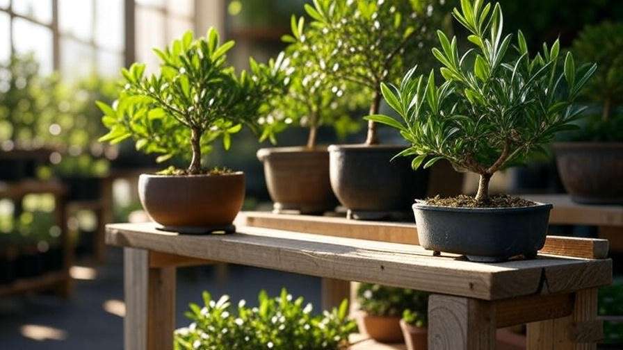 Selecting healthy olive tree bonsai varieties at a nursery for beginners. 
