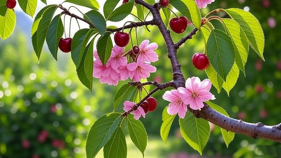 "Chilean cherry tree branch with pink blossoms and ripe cherries in a sunny garden."