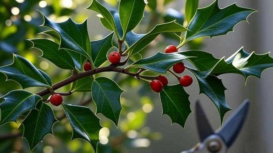  "Close-up of Eagleston Holly Tree branch with red berries and pruning shears." 