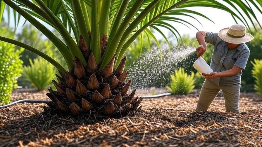  "Medjool palm tree with drip irrigation and gardener applying fertilizer granules in a sunny garden".