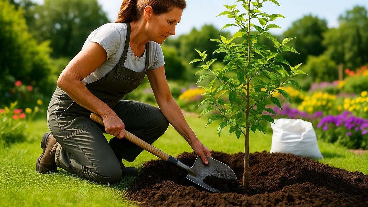  Gardener planting a young hummingbird tree with shovel and compost in a sunny garden. 
