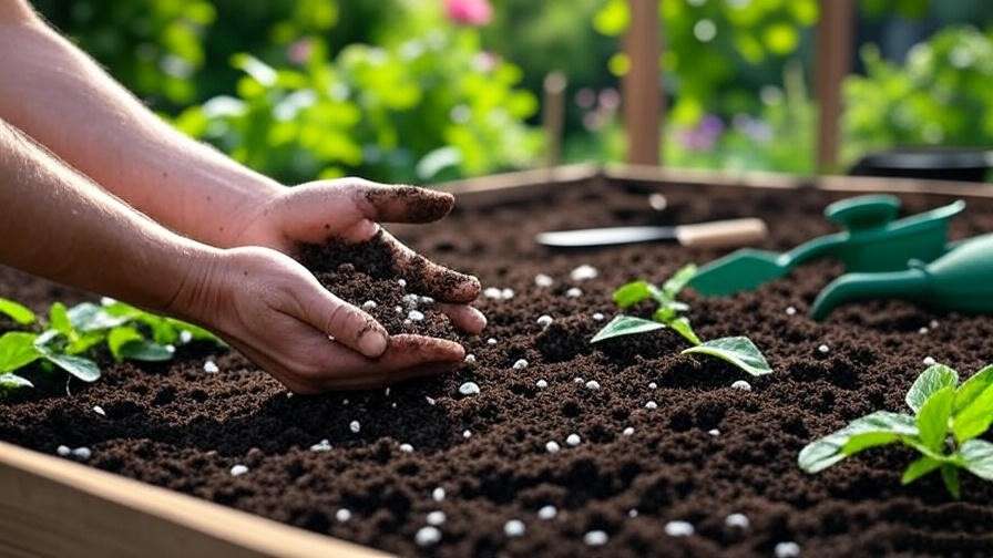 Hands preparing loamy soil with compost and perlite for yellow cherry tomato plants in a garden bed." 