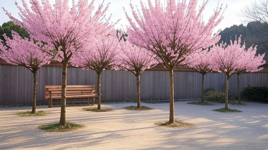"Row of Japanese flowering cherry trees with pink blooms in a tranquil courtyard."