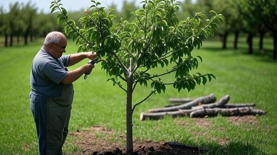  "Gardener pruning Chilean cherry tree with tools in a well-maintained orchard." 