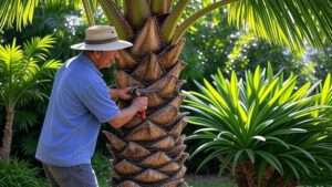  "Gardener pruning dead fronds from a healthy Sylvester palm tree in a tropical garden." 