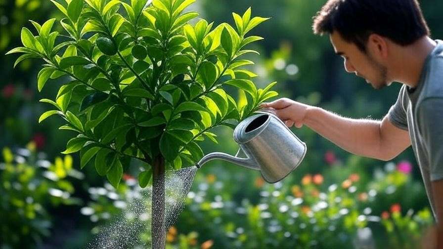  Person watering a healthy kaffir lime tree with a can in a bright garden setting. 